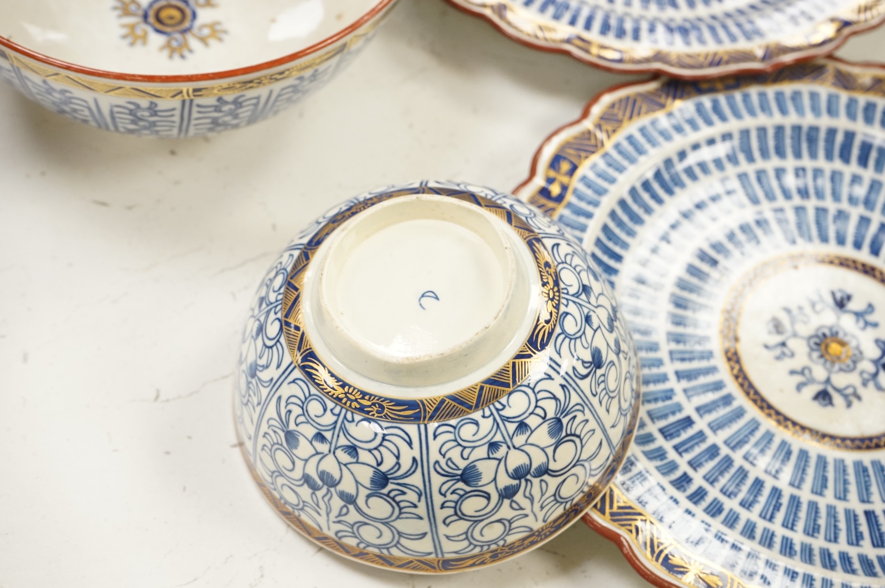 A collection of Worcester Royal Lily pattern tea, coffee and dessert wares and two similar dishes, late 18th/early 19th century